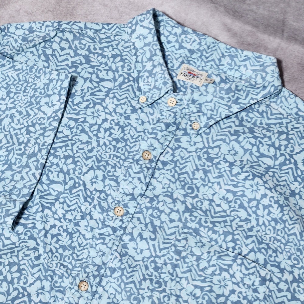 Faherty Brand Mens XXL Short Sleeve Button Down Hemp Lyocell Blue Floral Shirt